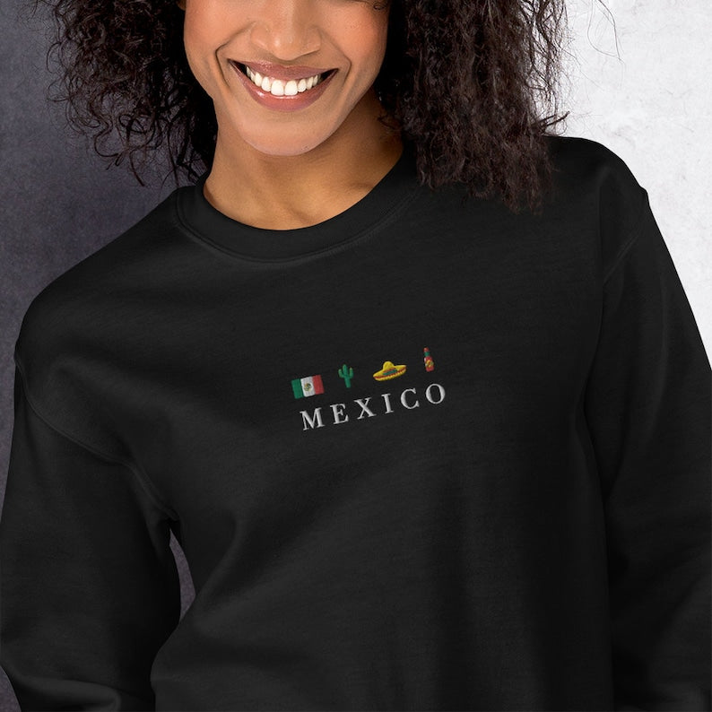 Mexico, Flag, Sombrero Mariachi, Hot Chili Pepper, Cactus, Cinco de Mayo Embroidered Sweatshirt