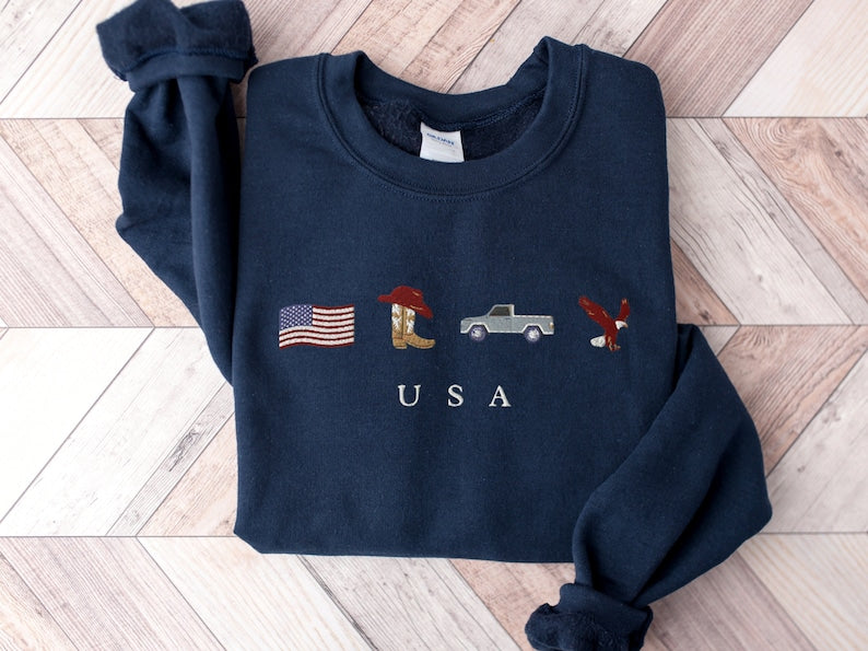 USA, Cowboy Boots, Cowboy Hat, Jeep, Eagle Embroidered Sweatshirt