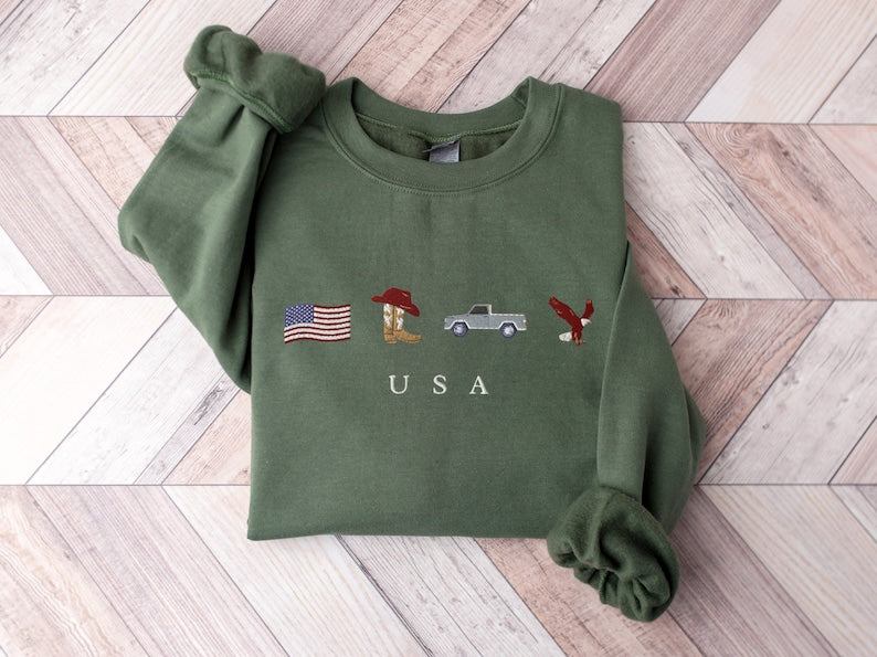 USA, Cowboy Boots, Cowboy Hat, Jeep, Eagle Embroidered Sweatshirt