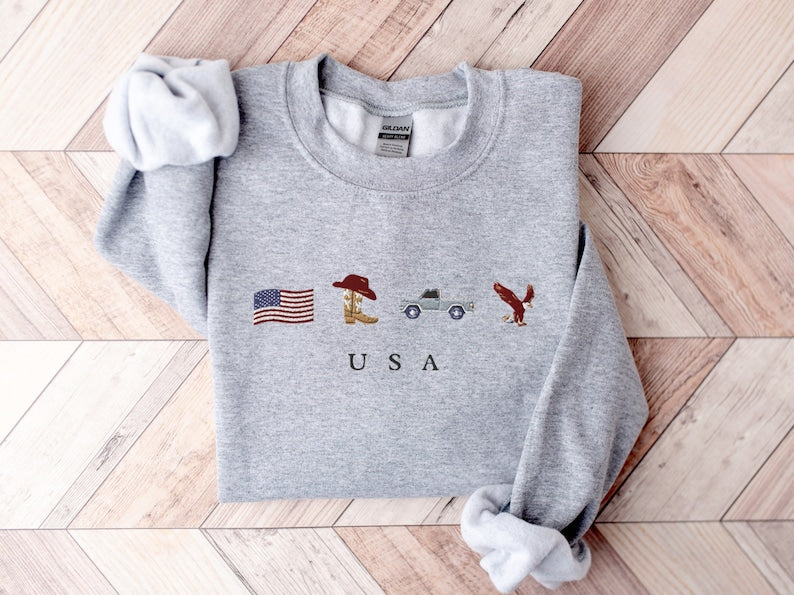 USA, Cowboy Boots, Cowboy Hat, Jeep, Eagle Embroidered Sweatshirt